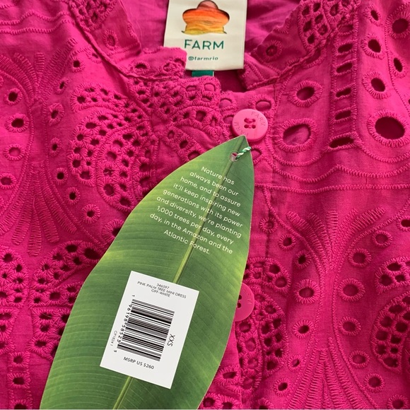 NWT FARM RIO PINK PALM TREE Print Fuchsia Eyelet Ruffle Lace Boho Mini Dress - Picture 7 of 11